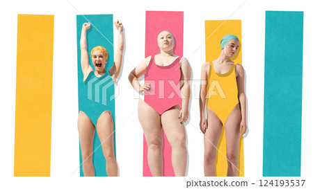 Three women in colorful swimsuits and caps standing within bold vertical color blocks in surreal abstract composition. Contemporary art collage. 124193537