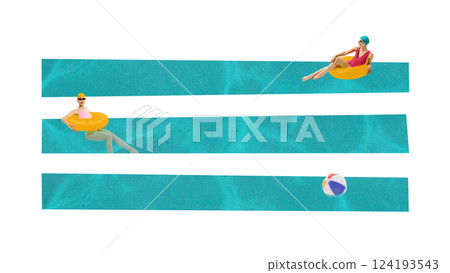 Two women in pink and yellow swimsuits relaxing in bright yellow float rings on abstract water lines. Contemporary art collage Two women in pink and yellow swimsuits relaxing in bright yellow float rings on abstract water lines. Contemporary art collage 124193543