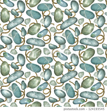 Seamless watercolor pattern of sea pebbles, blue and gray stones, twine, all objects are hand painted with watercolors. Watercolor illustration. Suitable for printing on fabric, paper, stationery. 124193545