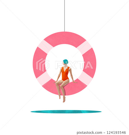 Woman in orange swimsuit and blue cap sitting gracefully inside giant pink lifebuoy suspended over water. Contemporary art collage 124193546