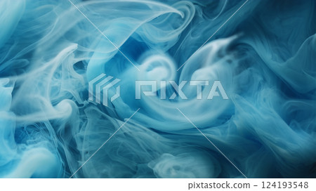Smoke vortex. Ink spill. Blue spiral swirl storm flow art color fluid. Blend vapor stream abstract texture bright defocused background. 124193548