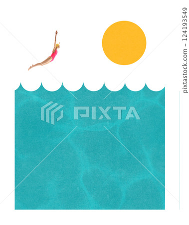 Woman in pink swimsuit and yellow cap diving into abstract blue water under sun in surreal composition. Contemporary art collage 124193549