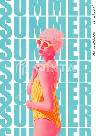 Stylish monochrome woman in striped yellow swimsuit, floral cap, and retro sunglasses standing against bold summer typography. Contemporary art collage. Stylish monochrome woman in striped yellow swimsuit, floral cap, and retro sunglasses standing against bold summer typography. Contemporary art collage. 124193554