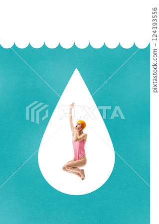Woman in pink striped swimsuit and orange cap floating inside giant water droplet with abstract waves above. Contemporary art collage 124193556