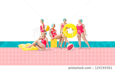Five women in vibrant swimsuits and caps posing with beach accessories on graphic tiled poolside with bright water. Contemporary art collage. 124193561