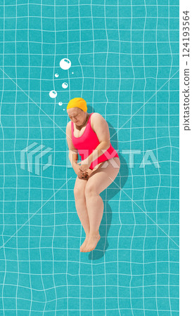 Woman in red swimsuit and yellow cap floating peacefully on pool surface with bubbles around. Diving. Contemporary art collage. 124193564