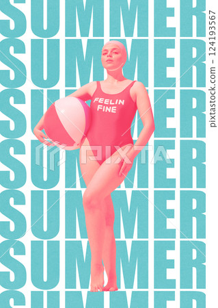 Monochrome woman in pink swimsuit with beach ball standing confidently against bold summer typography background. Contemporary art collage. Monochrome woman in pink swimsuit with beach ball standing confidently against bold summer typography background. Contemporary art collage. 124193567