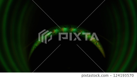 Round lens. Leak light fluid. Liquid ink soap color surface beam green arch on black background. Art prism defocused glowing circle frame. 124193570