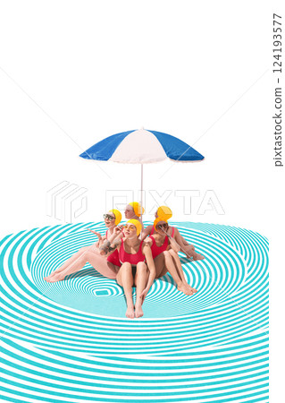 Five women in vintage swimsuits and yellow caps sitting under blue-white umbrella on abstract water pattern. Contemporary art collage 124193577