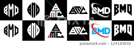 BMD letter logo design in six style. BMD polygon, circle, triangle, hexagon, flat and simple style with black and white color variation letter logo set in one artboard. BMD minimalist and classic logo 124193630