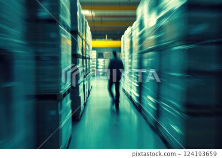 Warehouse worker moving swiftly through warehouse aisles Warehouse worker moving swiftly through warehouse aisles 124193659