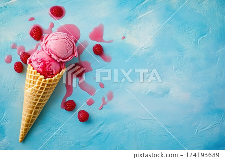 Fresh Raspberry Ice Cream Cone on Blue Background 124193689