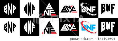 BNF letter logo design in six style. BNF polygon, circle, triangle, hexagon, flat and simple style with black and white color variation letter logo set in one artboard. BNF minimalist and classic logo 124193694