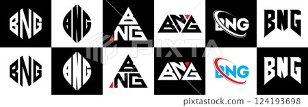 BNG letter logo design in six style. BNG polygon, circle, triangle, hexagon, flat and simple style with black and white color variation letter logo set in one artboard. BNG minimalist and classic logo BNG letter logo design in six style. BNG polygon, circle, triangle, hexagon, flat and simple style with black and white color variation letter logo set in one artboard. BNG minimalist and classic logo 124193698