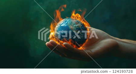 Hand Holding Earth Model Over Flames Hand Holding Earth Model Over Flames 124193728