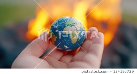 Flaming Earth Model in Hand Close-Up Flaming Earth Model in Hand Close-Up 124193729
