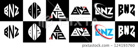 BNZ letter logo design in six style. BNZ polygon, circle, triangle, hexagon, flat and simple style with black and white color variation letter logo set in one artboard. BNZ minimalist and classic logo 124193760