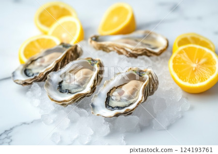 Raw oysters with crushed ice and lemon garnishes Raw oysters with crushed ice and lemon garnishes 124193761
