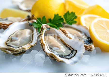 Elegant oyster presentation with ice and lemon Elegant oyster presentation with ice and lemon 124193763