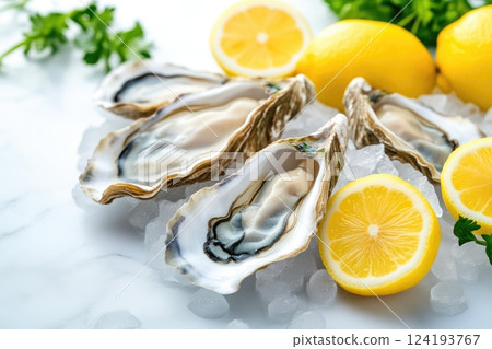 Fresh seafood oysters on marble with ice and lemon 124193767
