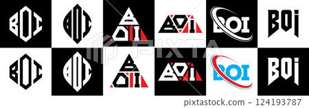 BOI letter logo design in six style. BOI polygon, circle, triangle, hexagon, flat and simple style with black and white color variation letter logo set in one artboard. BOI minimalist and classic logo 124193787