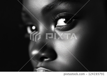 Beautiful black woman with deep brown eyes close-up 124193791
