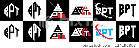 BPT letter logo design in six style. BPT polygon, circle, triangle, hexagon, flat and simple style with black and white color variation letter logo set in one artboard. BPT minimalist and classic logo BPT letter logo design in six style. BPT polygon, circle, triangle, hexagon, flat and simple style with black and white color variation letter logo set in one artboard. BPT minimalist and classic logo 124193898