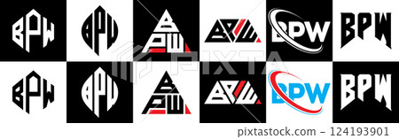BPW letter logo design in six style. BPW polygon, circle, triangle, hexagon, flat and simple style with black and white color variation letter logo set in one artboard. BPW minimalist and classic logo 124193901
