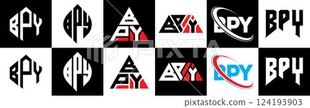 BPY letter logo design in six style. BPY polygon, circle, triangle, hexagon, flat and simple style with black and white color variation letter logo set in one artboard. BPY minimalist and classic logo 124193903