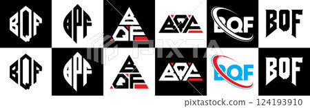BQF letter logo design in six style. BQF polygon, circle, triangle, hexagon, flat and simple style with black and white color variation letter logo set in one artboard. BQF minimalist and classic logo 124193910