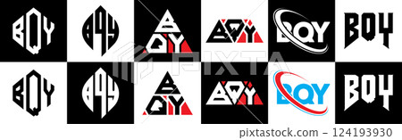 BQY letter logo design in six style. BQY polygon, circle, triangle, hexagon, flat and simple style with black and white color variation letter logo set in one artboard. BQY minimalist and classic logo 124193930