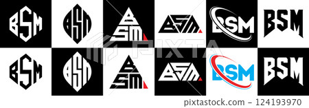 BSM letter logo design in six style. BSM polygon, circle, triangle, hexagon, flat and simple style with black and white color variation letter logo set in one artboard. BSM minimalist and classic logo BSM letter logo design in six style. BSM polygon, circle, triangle, hexagon, flat and simple style with black and white color variation letter logo set in one artboard. BSM minimalist and classic logo 124193970