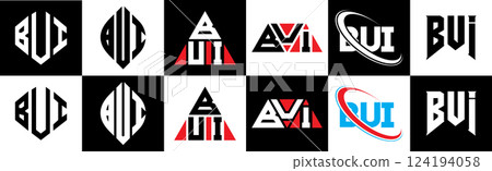 BUI letter logo design in six style. BUI polygon, circle, triangle, hexagon, flat and simple style with black and white color variation letter logo set in one artboard. BUI minimalist and classic logo BUI letter logo design in six style. BUI polygon, circle, triangle, hexagon, flat and simple style with black and white color variation letter logo set in one artboard. BUI minimalist and classic logo 124194058