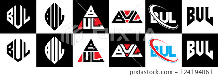 BUL letter logo design in six style. BUL polygon, circle, triangle, hexagon, flat and simple style with black and white color variation letter logo set in one artboard. BUL minimalist and classic logo BUL letter logo design in six style. BUL polygon, circle, triangle, hexagon, flat and simple style with black and white color variation letter logo set in one artboard. BUL minimalist and classic logo 124194061