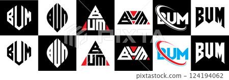 BUM letter logo design in six style. BUM polygon, circle, triangle, hexagon, flat and simple style with black and white color variation letter logo set in one artboard. BUM minimalist and classic logo 124194062