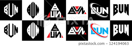 BUN letter logo design in six style. BUN polygon, circle, triangle, hexagon, flat and simple style with black and white color variation letter logo set in one artboard. BUN minimalist and classic logo BUN letter logo design in six style. BUN polygon, circle, triangle, hexagon, flat and simple style with black and white color variation letter logo set in one artboard. BUN minimalist and classic logo 124194063