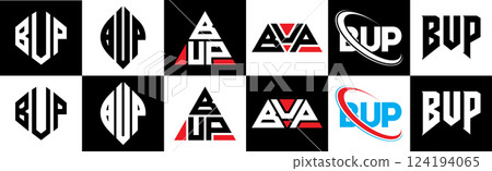 BUP letter logo design in six style. BUP polygon, circle, triangle, hexagon, flat and simple style with black and white color variation letter logo set in one artboard. BUP minimalist and classic logo 124194065