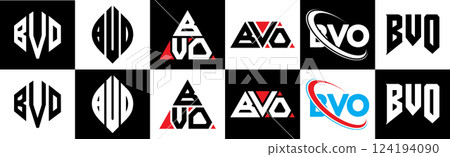 BVO letter logo design in six style. BVO polygon, circle, triangle, hexagon, flat and simple style with black and white color variation letter logo set in one artboard. BVO minimalist and classic logo BVO letter logo design in six style. BVO polygon, circle, triangle, hexagon, flat and simple style with black and white color variation letter logo set in one artboard. BVO minimalist and classic logo 124194090