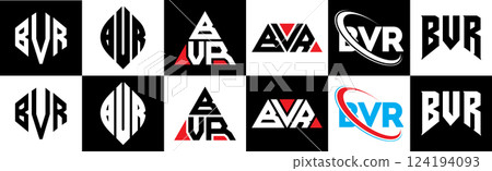 BVR letter logo design in six style. BVR polygon, circle, triangle, hexagon, flat and simple style with black and white color variation letter logo set in one artboard. BVR minimalist and classic logo BVR letter logo design in six style. BVR polygon, circle, triangle, hexagon, flat and simple style with black and white color variation letter logo set in one artboard. BVR minimalist and classic logo 124194093