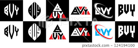 BVY letter logo design in six style. BVY polygon, circle, triangle, hexagon, flat and simple style with black and white color variation letter logo set in one artboard. BVY minimalist and classic logo 124194100