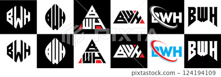 BWH letter logo design in six style. BWH polygon, circle, triangle, hexagon, flat and simple style with black and white color variation letter logo set in one artboard. BWH minimalist and classic logo BWH letter logo design in six style. BWH polygon, circle, triangle, hexagon, flat and simple style with black and white color variation letter logo set in one artboard. BWH minimalist and classic logo 124194109