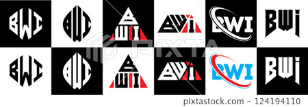 BWI letter logo design in six style. BWI polygon, circle, triangle, hexagon, flat and simple style with black and white color variation letter logo set in one artboard. BWI minimalist and classic logo BWI letter logo design in six style. BWI polygon, circle, triangle, hexagon, flat and simple style with black and white color variation letter logo set in one artboard. BWI minimalist and classic logo 124194110