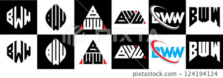BWW letter logo design in six style. BWW polygon, circle, triangle, hexagon, flat and simple style with black and white color variation letter logo set in one artboard. BWW minimalist and classic logo BWW letter logo design in six style. BWW polygon, circle, triangle, hexagon, flat and simple style with black and white color variation letter logo set in one artboard. BWW minimalist and classic logo 124194124