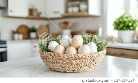 Bright and Airy Easter Setting with Clean Cluttered Tabletop Arrangement 124194154