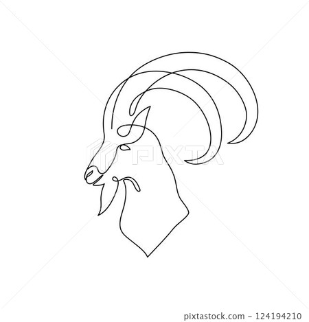 Continuous one line of head goat on white background. Ibex vector. Hand drawn minimalistic design for logo, icon or emblem. Continuous one line of head goat on white background. Ibex vector. Hand drawn minimalistic design for logo, icon or emblem. 124194210