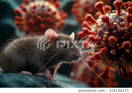 A rat is standing in front of virus particles. A rat is standing in front of virus particles. 124194335