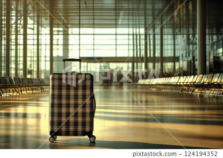 A modern suitcase stands alone in a brightly lit train station, waiting for its owner to return. 124194352