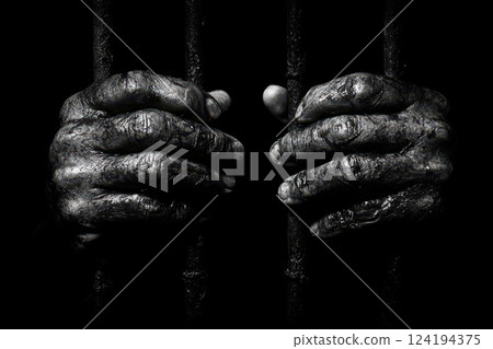 Hands of prisoner man on bars close up isolated on black background. 124194375