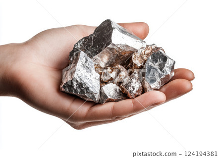 a hand man holding metallic ore about rare earth on mine background.. 124194381
