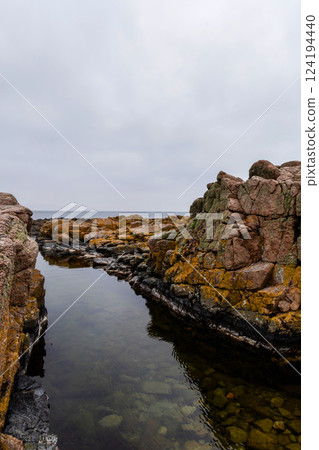 Coast line of sea. Stones covered with yellow and green moss and cloudy sky. Coast line of sea. Stones covered with yellow and green moss and cloudy sky. 124194440